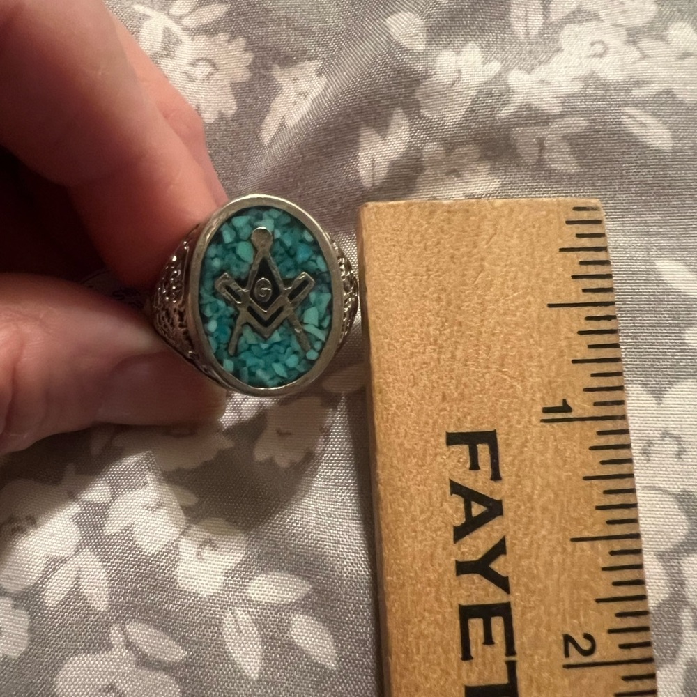 Masonic Inlay Turquoise Silver Tone Ring, Men’s Size 13.5, very good condition - Picture 9 of 9